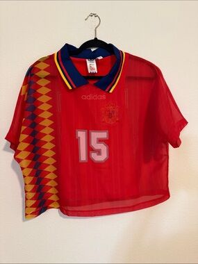 Adidas Women’s Medium Red/Blue/Yellow Cropped 2 Layer Spain Soccer Shirt